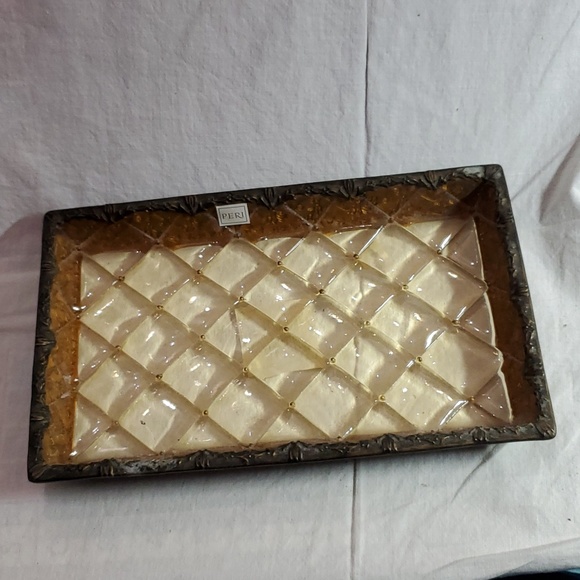 Vintage Quilted Lucite Dresser Tray Metal Edging Rectangular Amber MCM - Pretty! - Picture 1 of 3